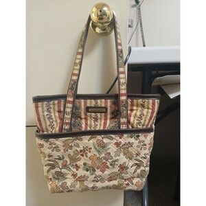 Longaberger Purse Tote Medium Fall Print Leaves Berries Pine Cones W/ Stripes